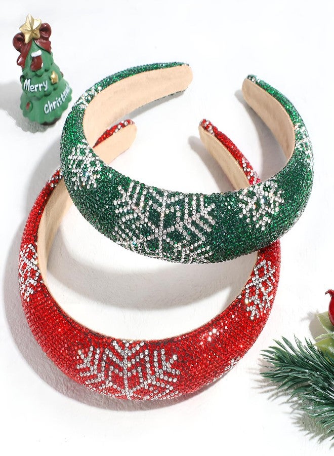 winthrop 2 Pack Christmas Rhinestone Headbands for Women – Sparkling Snowflake Padded Hair Hoop in Red & Green, Wide Glitter Crystal Hair Accessories for Holiday Party & Winter Outfits - Image 5
